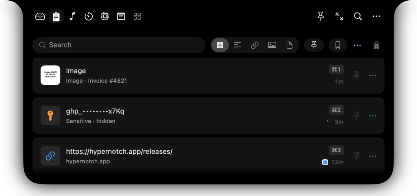Clipboard with a screenshot searchable by its text, a masked API key and ⌘1 to ⌘3 paste shortcuts