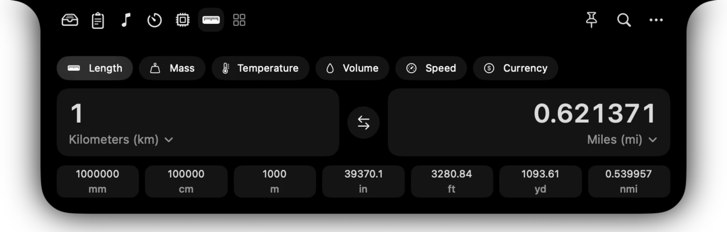 Converter showing kilometres to miles with other length units below